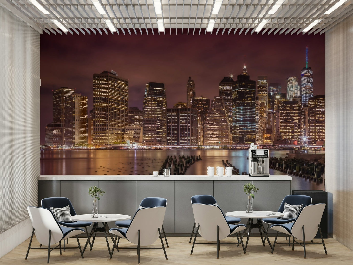 Nighttime view of NYC skyline wall mural.

