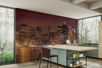 New York skyline glowing at night wall mural design.

