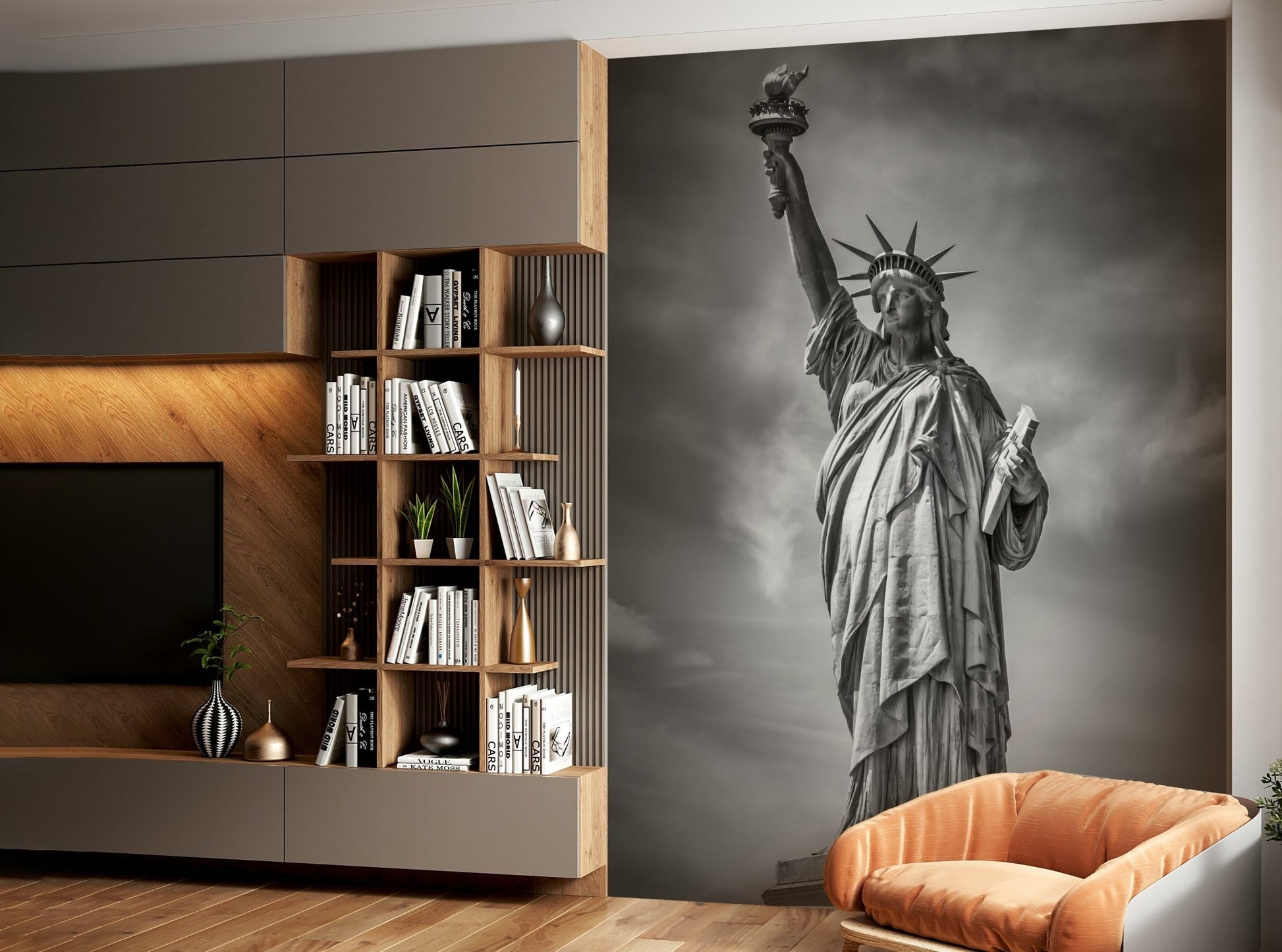 Urban skyline mural with the Statue of Liberty

