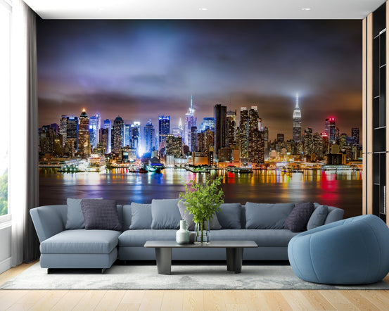 New York City skyline night wallpaper for living rooms A799