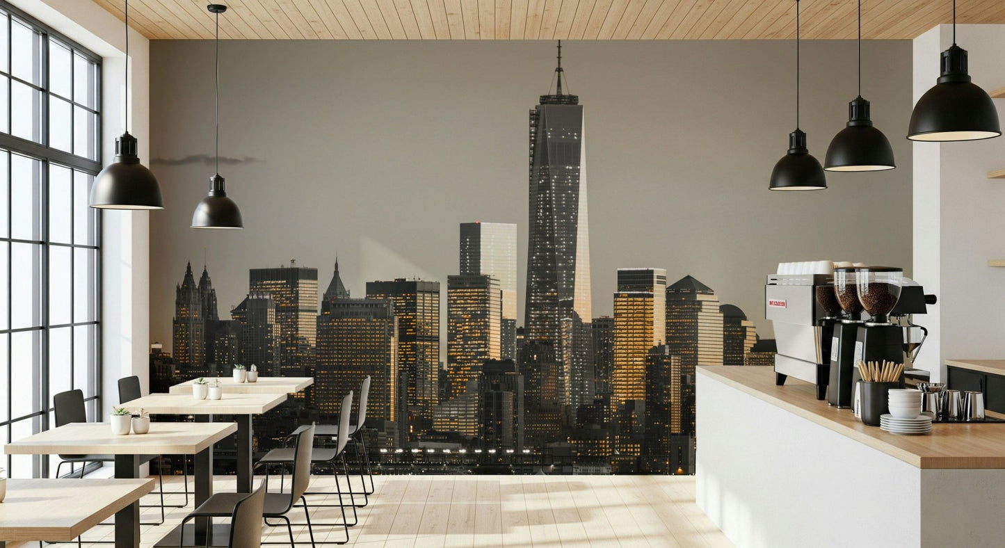 Panoramic Cityscape Glow wallpaper print, bold architectural mural for home.