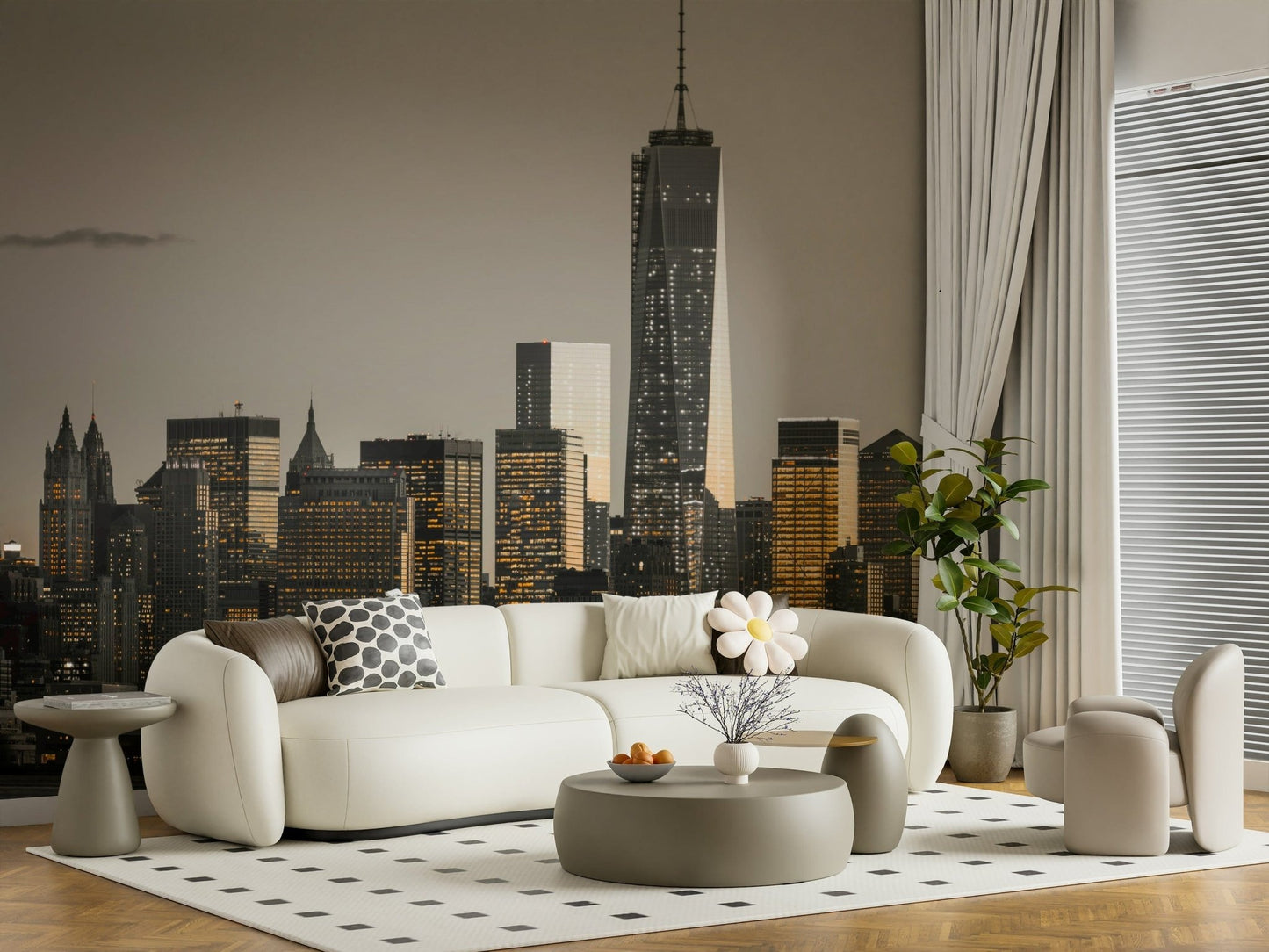 New York skyline glow wall mural, dramatic skyscraper accent wallpaper.