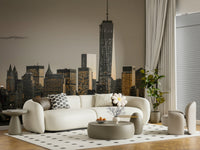 New York skyline glow wall mural, dramatic skyscraper accent wallpaper.