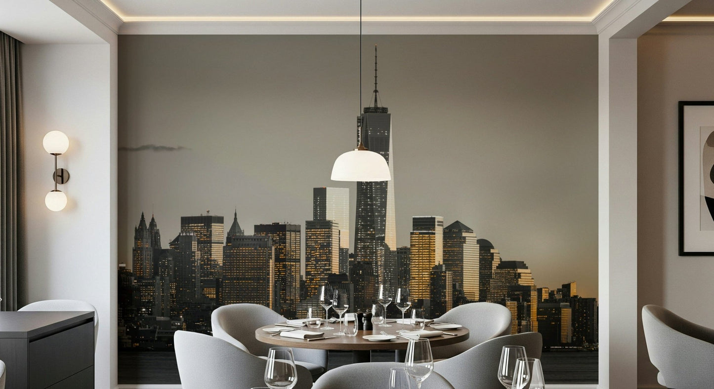 Manhattan Cityscape Glow view wallpaper, spectacular urban mural art.