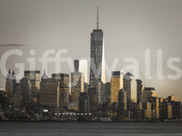 Towering buildings at twilight, amazing Glow wall mural, striking modern wallpaper.