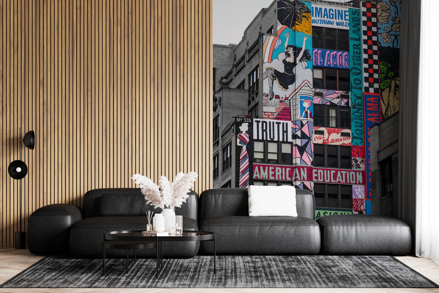 New York Graffiti wall mural with vibrant panels and sketches