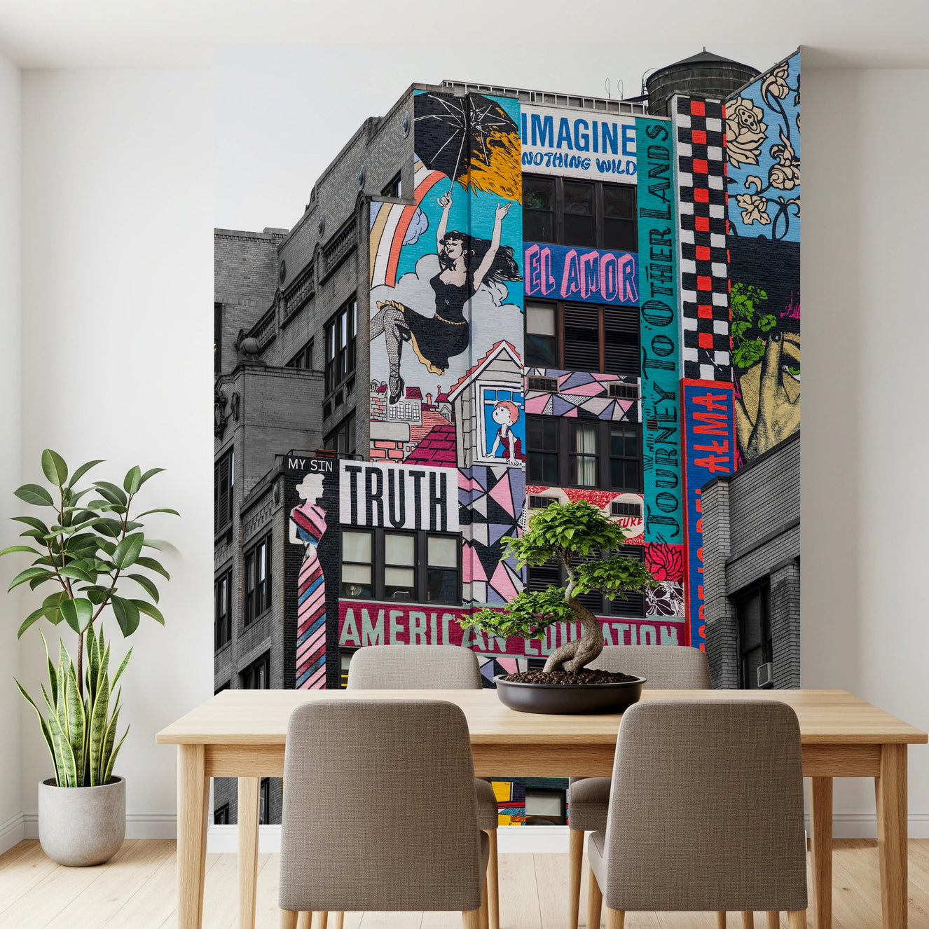 New York Graffiti wall mural in dining room with street art panels