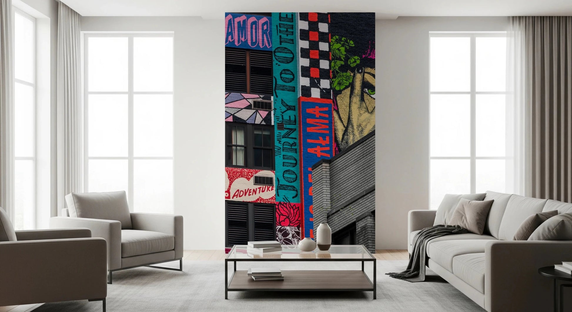 New York Graffiti wall mural with layered street art visuals