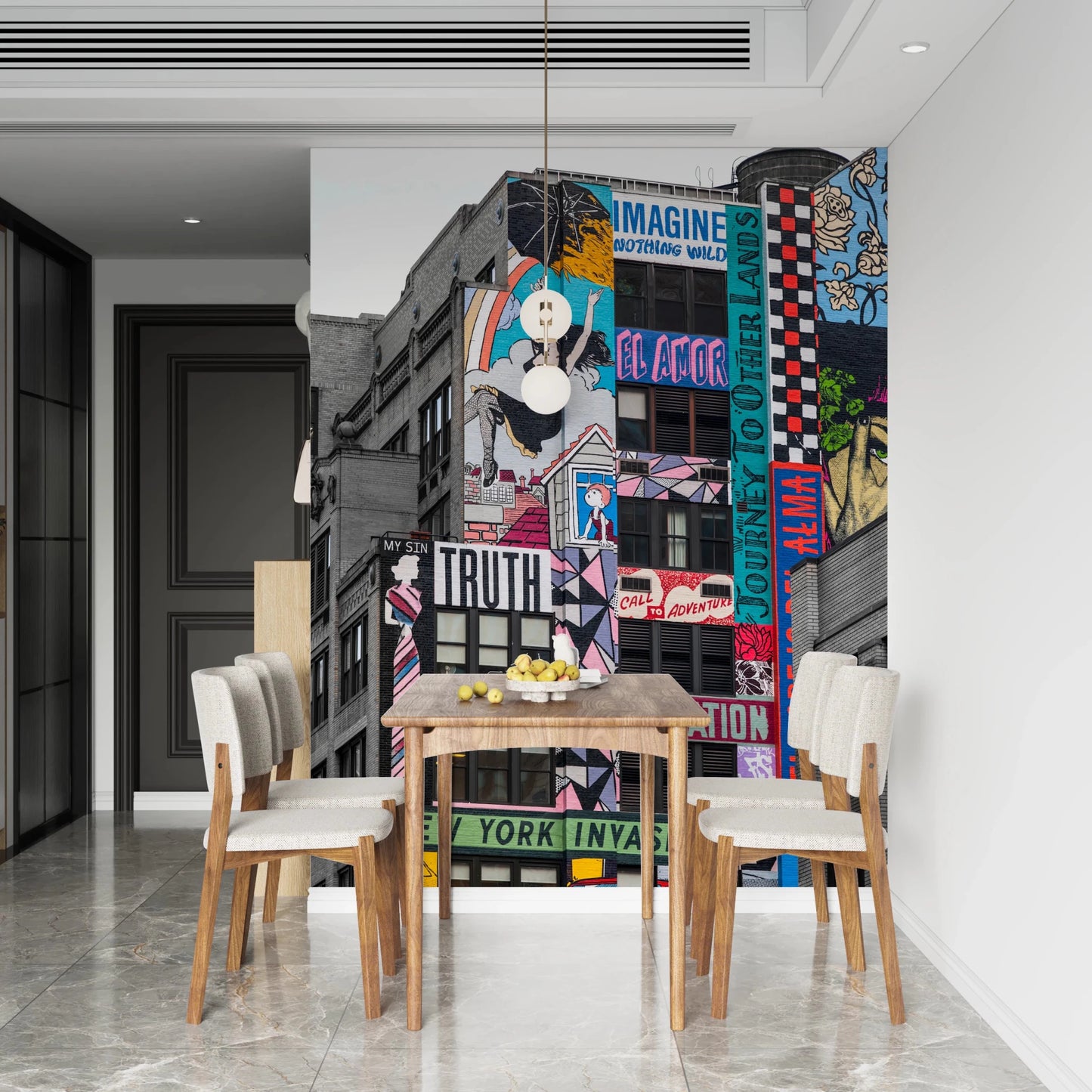 Creative city wall mural with New York Graffiti artwork