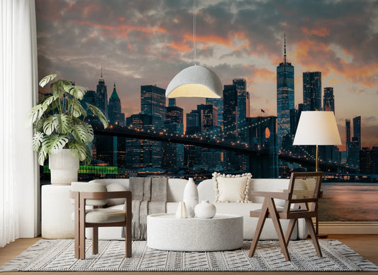 Living room with New York In The Evening wall mural and Brooklyn Bridge skyline