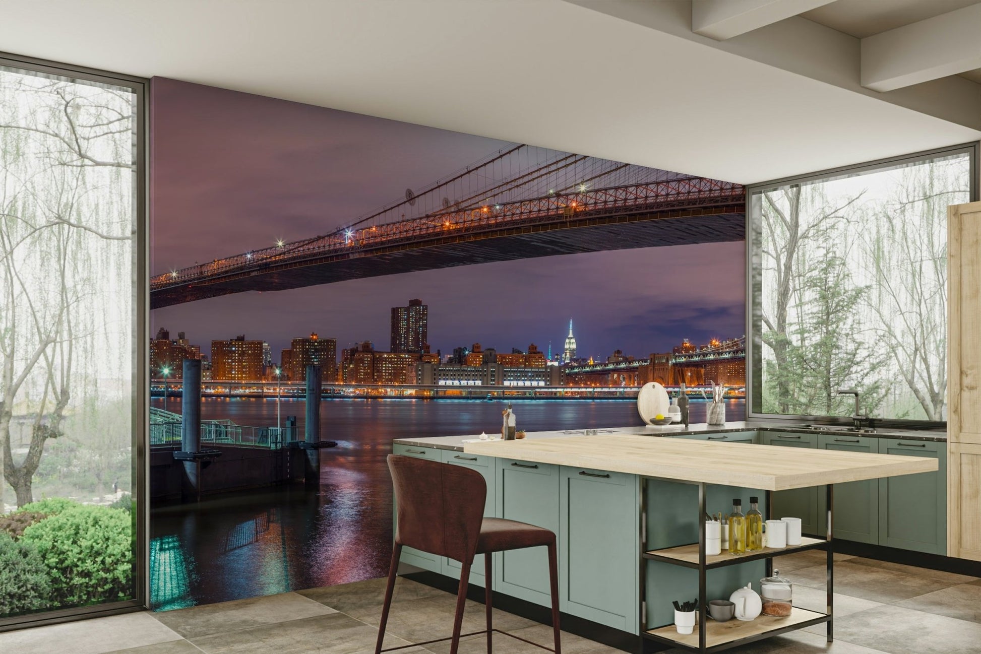An energetic wall mural with a view of the New York City skyline at night.

