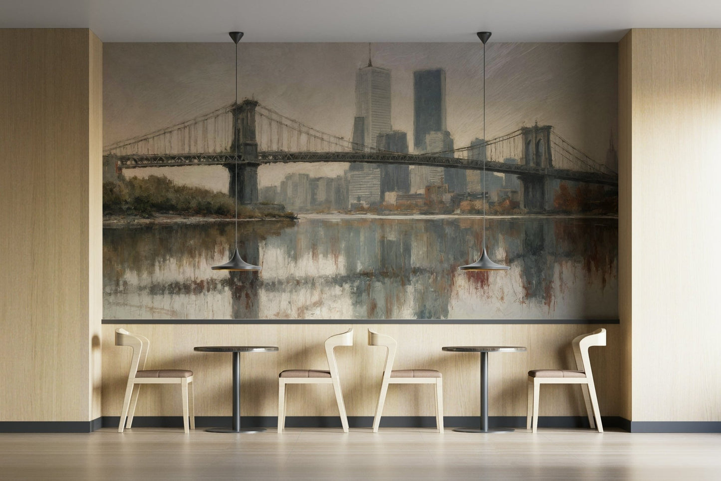 The colors are a mix of deep blues, blacks, and warm yellows from the lights.
