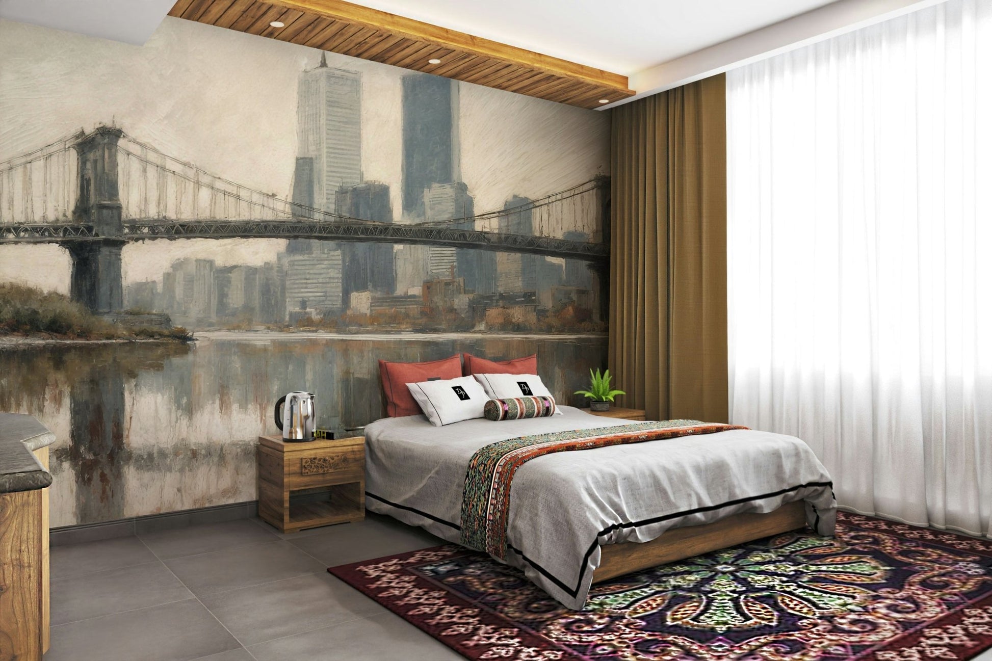 The skyline is seen at night, with many bright lights.
