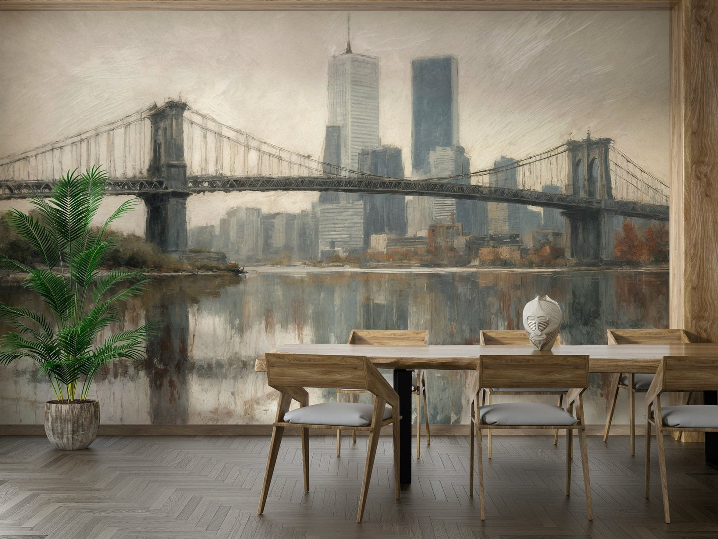 The scene includes a perfect reflection of the city in a body of water.
