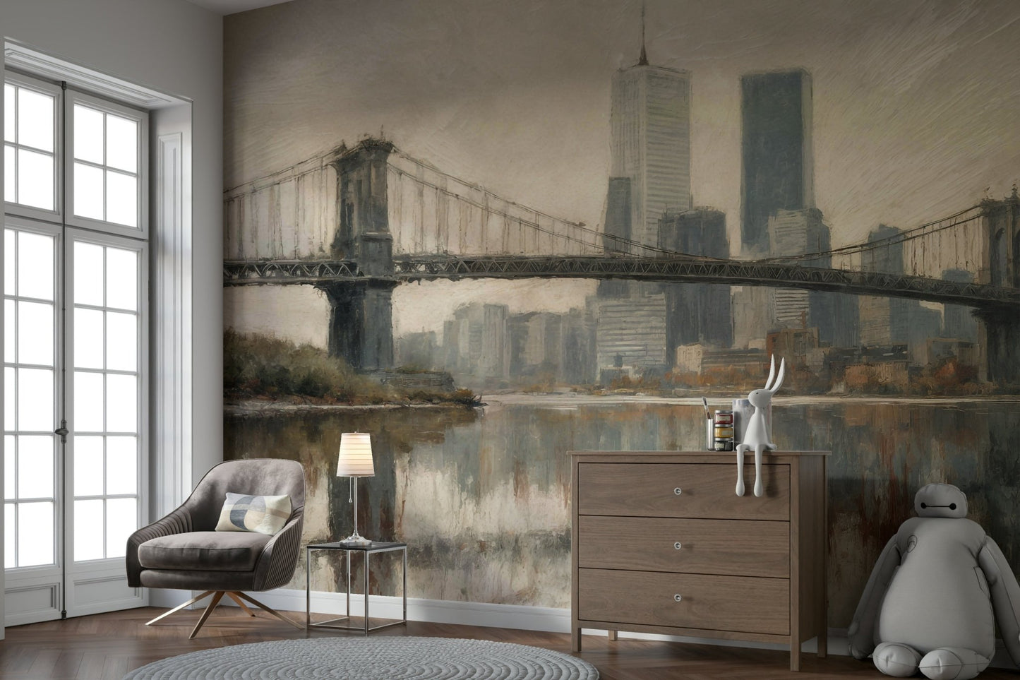 The mural gives the illusion of a window looking out onto a beautiful cityscape.
