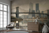 The mural gives the illusion of a window looking out onto a beautiful cityscape.

