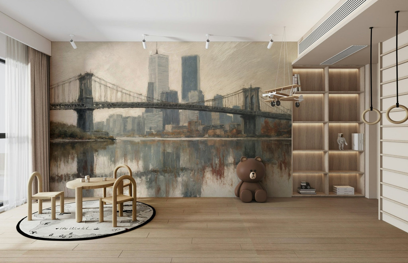 A wide shot of a wall mural showing the New York City skyline.
