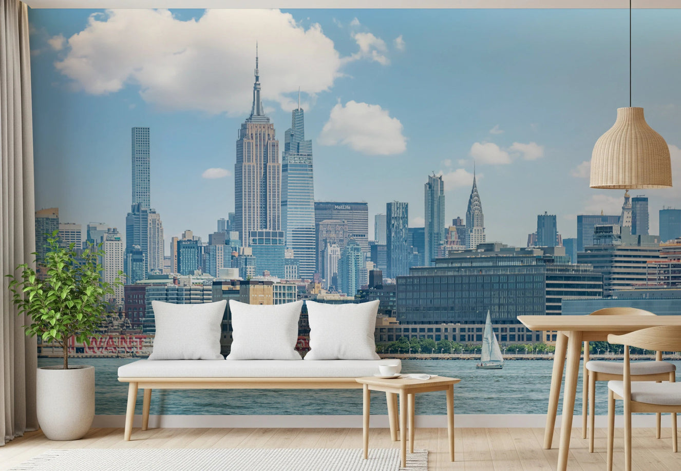 New York skyline wall mural with watercolor bloomscape