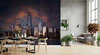 A peaceful modern abstract mural on decorative wallpaper.