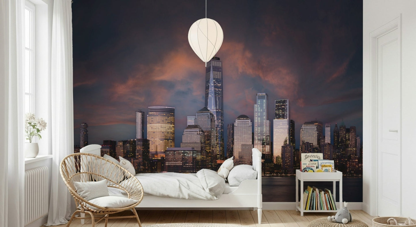 A graceful subtle pattern wall mural in cool, dark tones with warm accents.