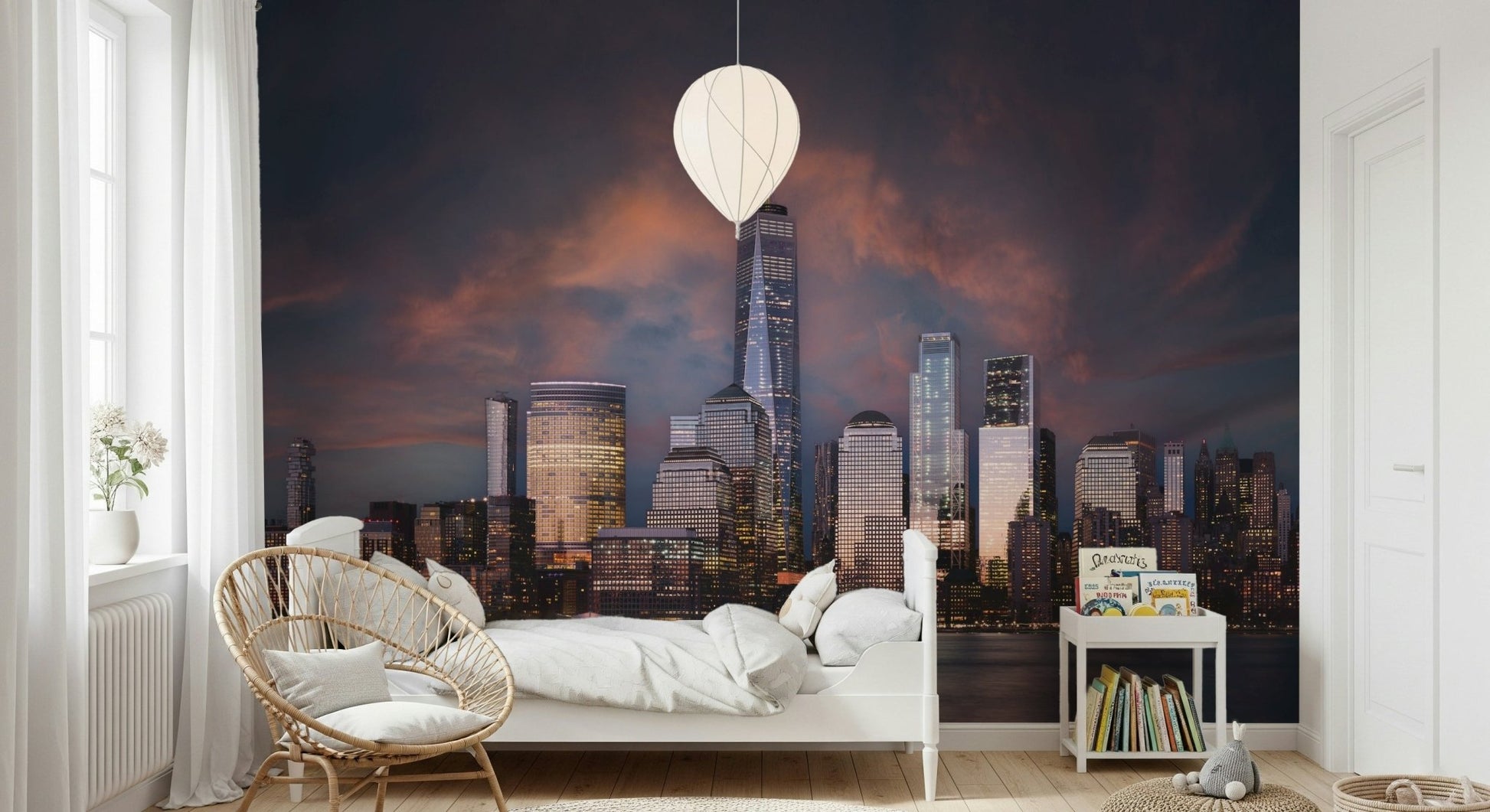 A graceful subtle pattern wall mural in cool, dark tones with warm accents.