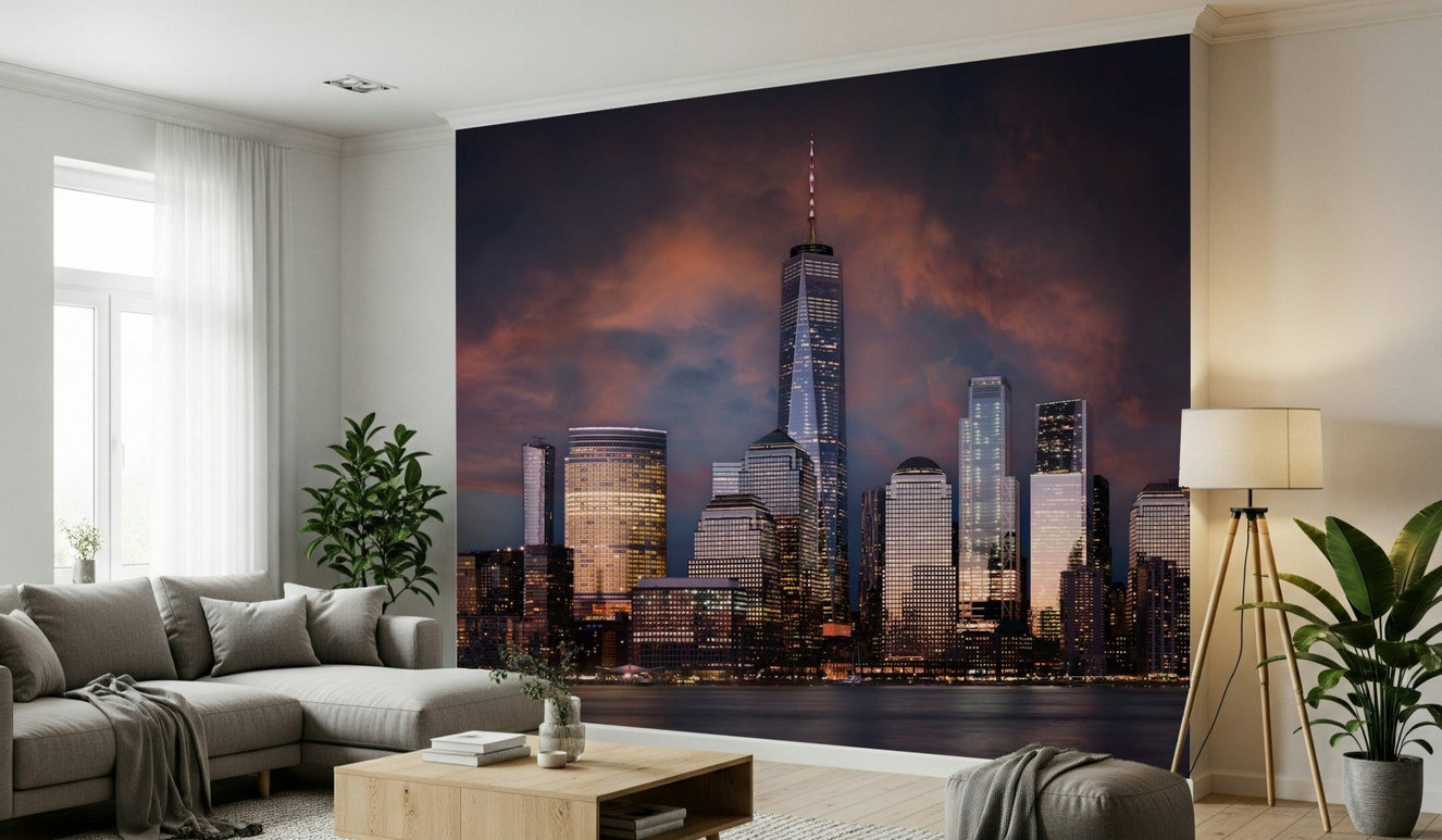 A beautiful Amsterdam canal scene wallpaper mural illuminated by warm city lights at night.
