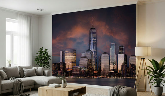 A beautiful Amsterdam canal scene wallpaper mural illuminated by warm city lights at night., GD5895