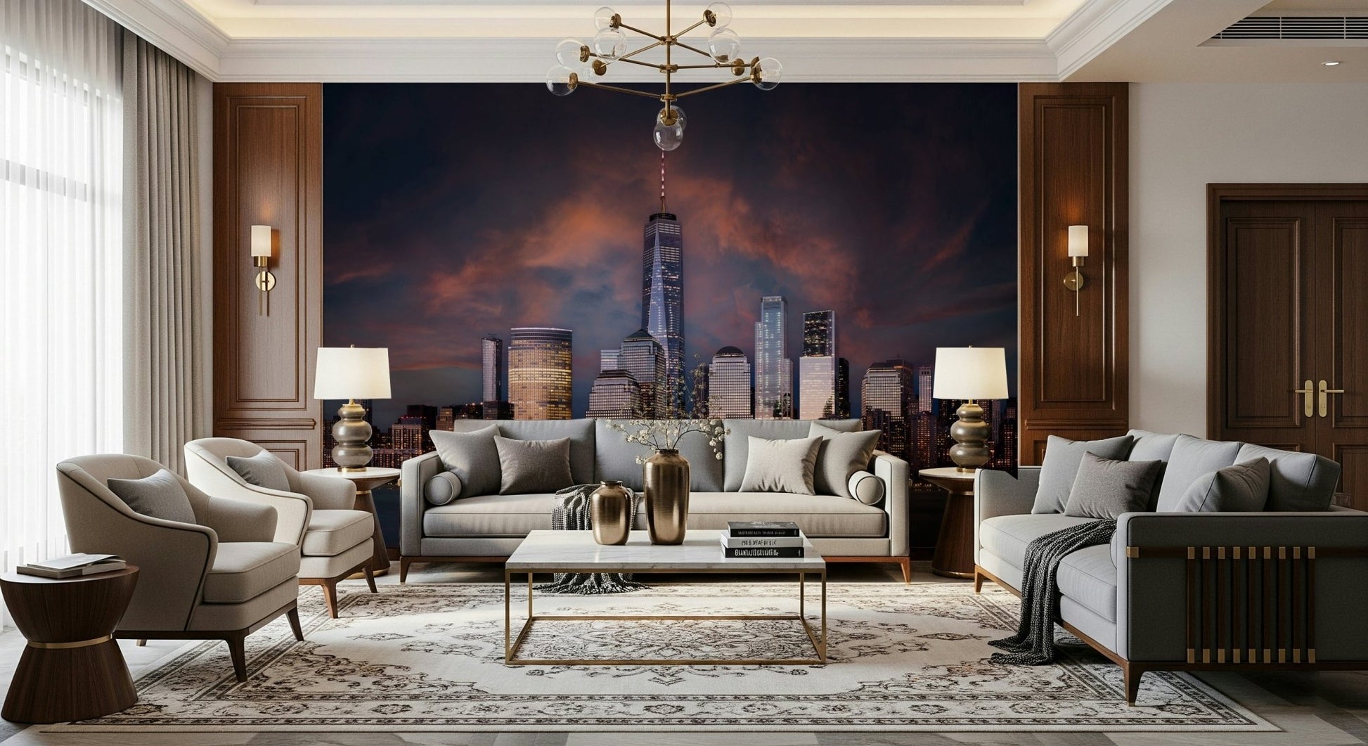 A serene subtle cityscape wall mural for your decor.