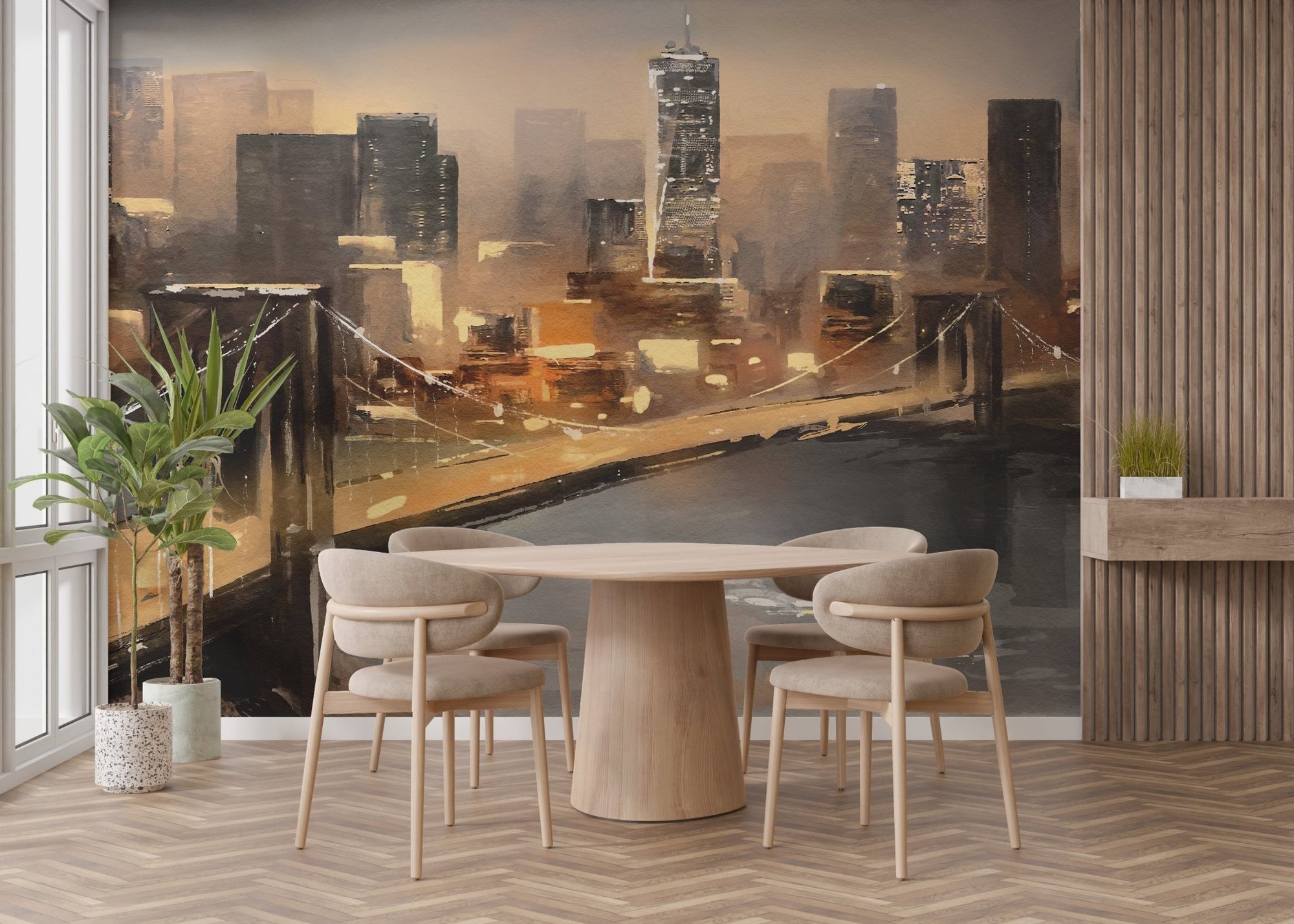 Oil-painted New York skyline with bridge and river view. A748