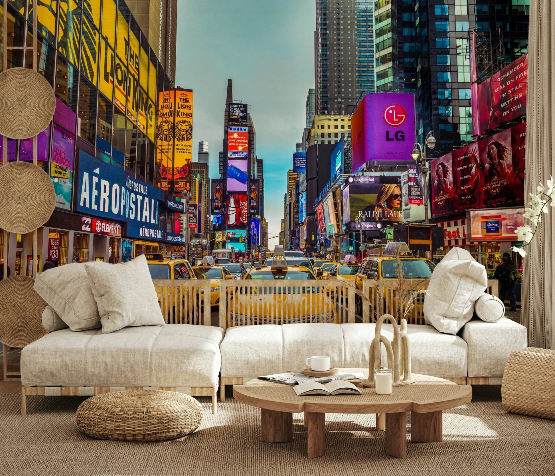 Modern city wallpaper featuring colorful advertisements and yellow taxi cabs.