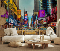 Modern city wallpaper featuring colorful advertisements and yellow taxi cabs.