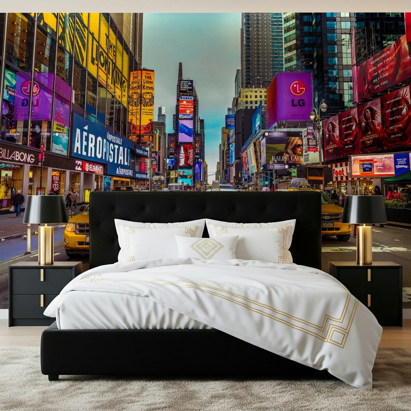 Detailed street view wall mural of busy Manhattan traffic and bright billboards.