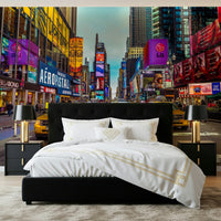 Detailed street view wall mural of busy Manhattan traffic and bright billboards.