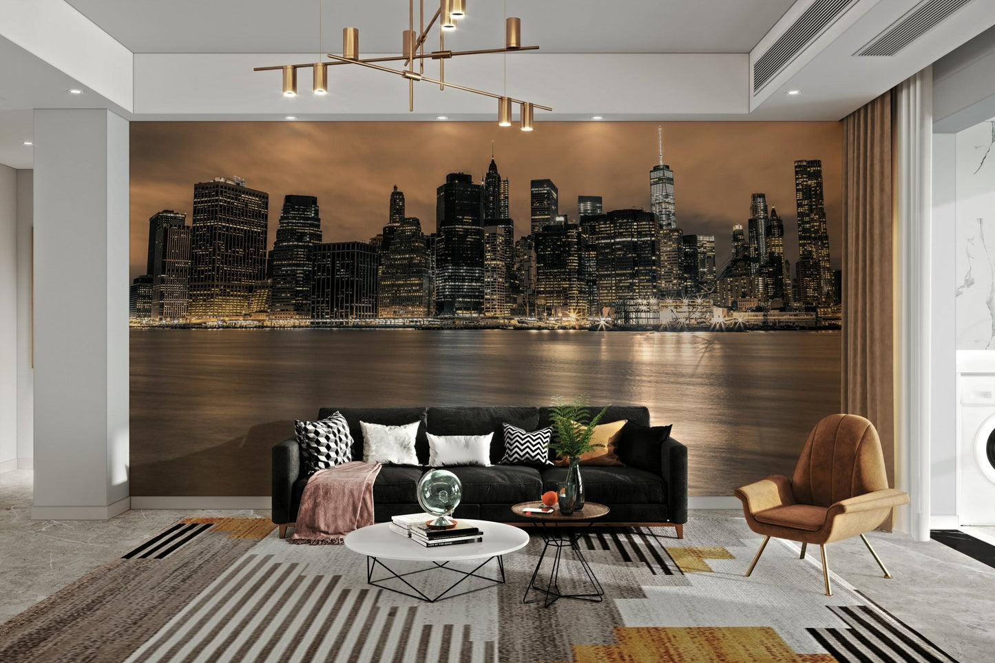 A living room featuring the iconic city wall mural., GD4614