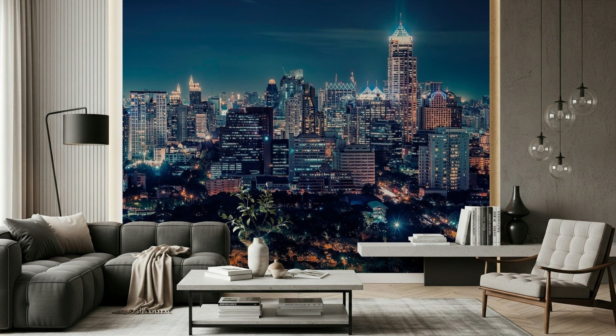Aerial view of skyscrapers in a Night Cityscape wall mural for offices., GD7625
