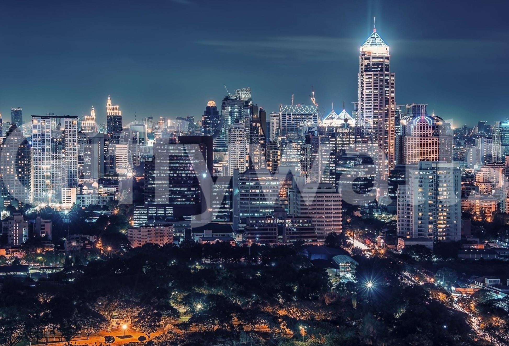 Night Cityscape wall mural showcasing a vibrant midnight sky.