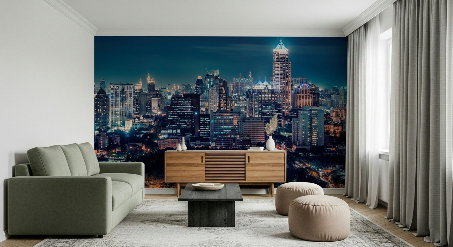 Panoramic urban architecture in a Night Cityscape wall mural for halls.