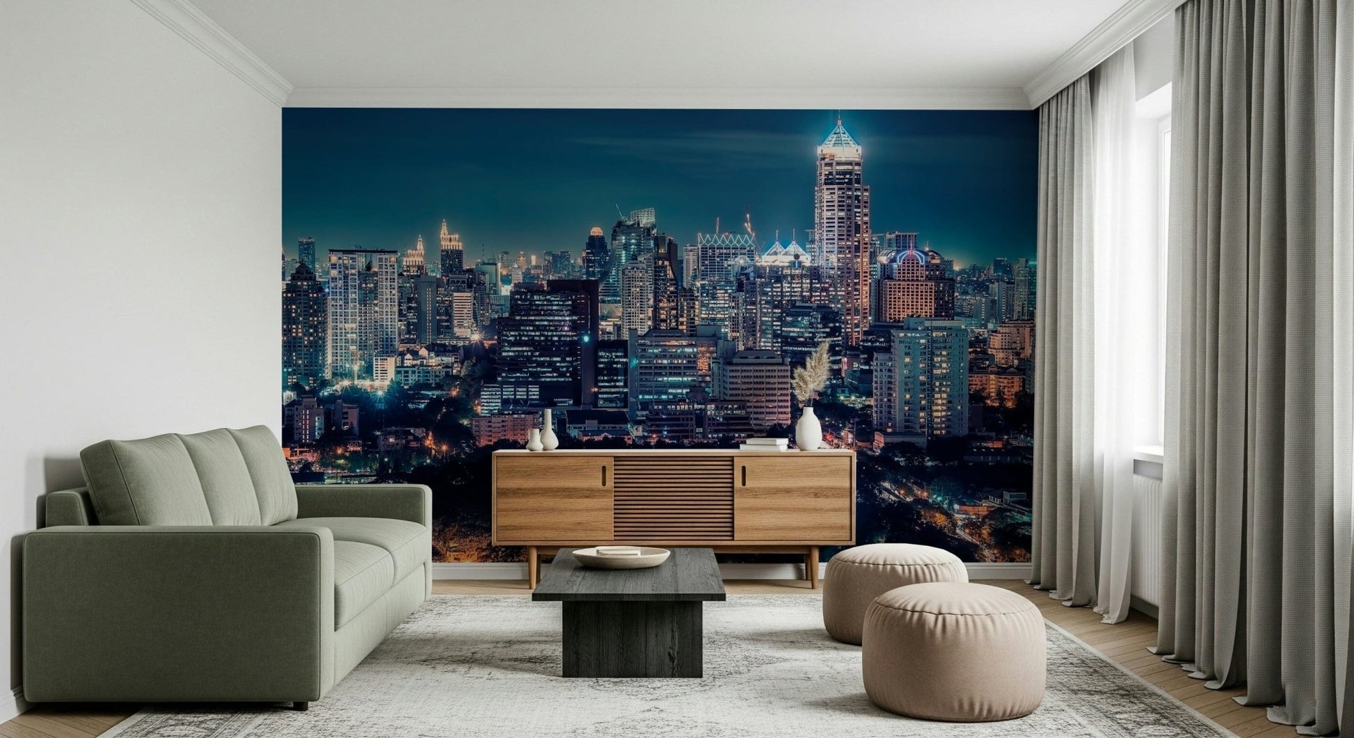 Panoramic urban architecture in a Night Cityscape wall mural for halls.