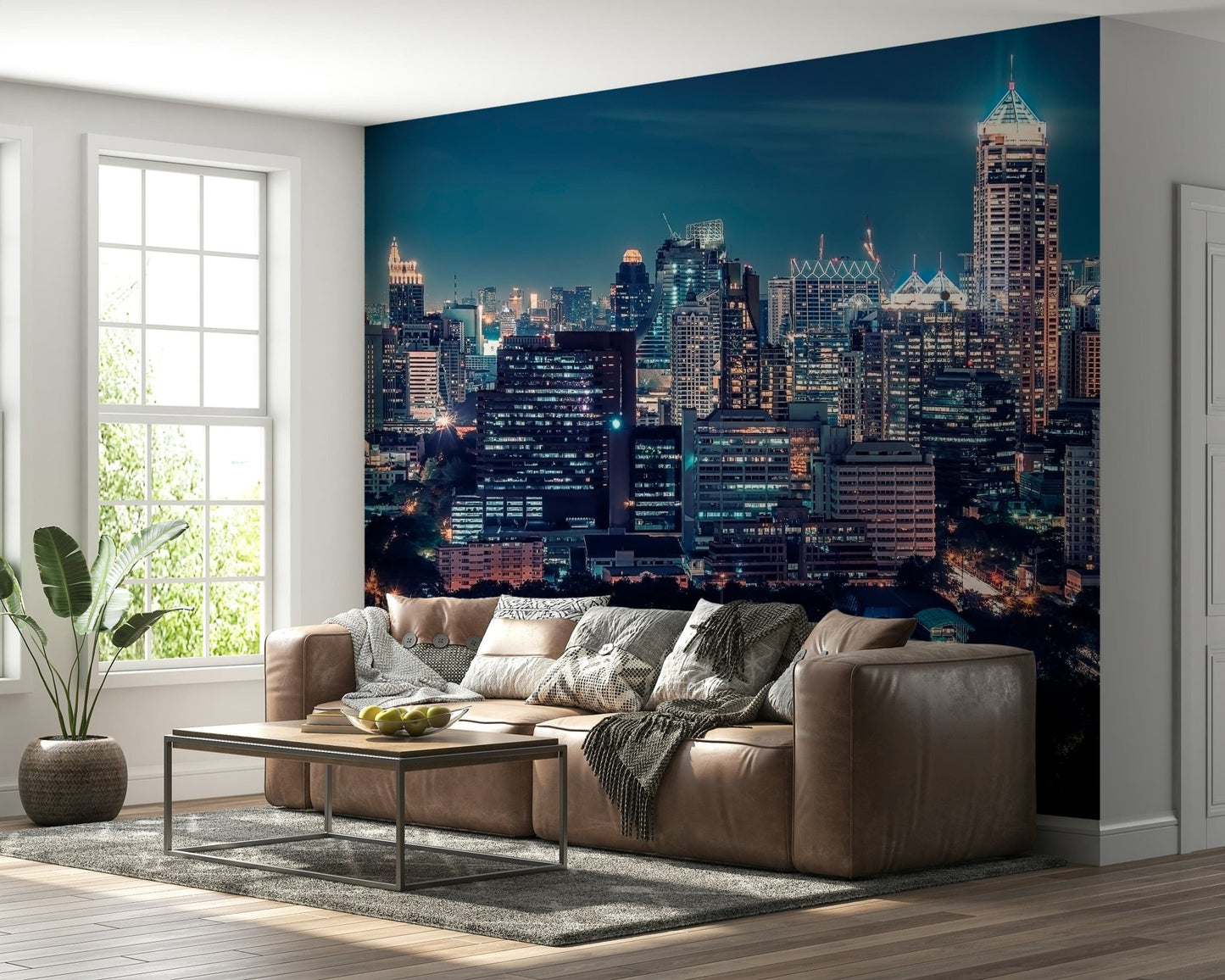 Night Cityscape wallpaper with dark blue and gold tones for bedrooms.