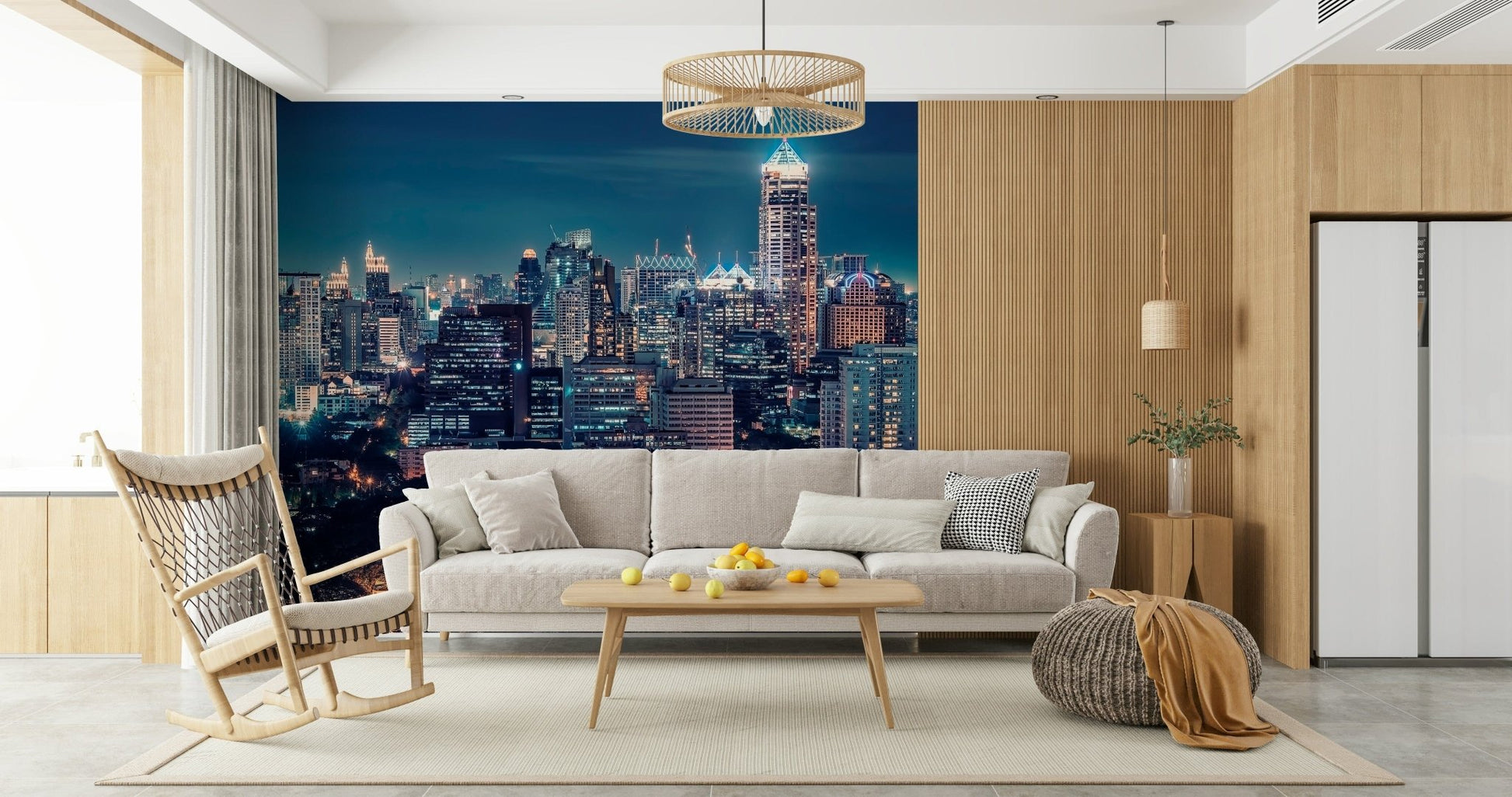 Modern city skyline Night Cityscape wall mural for a feature wall.