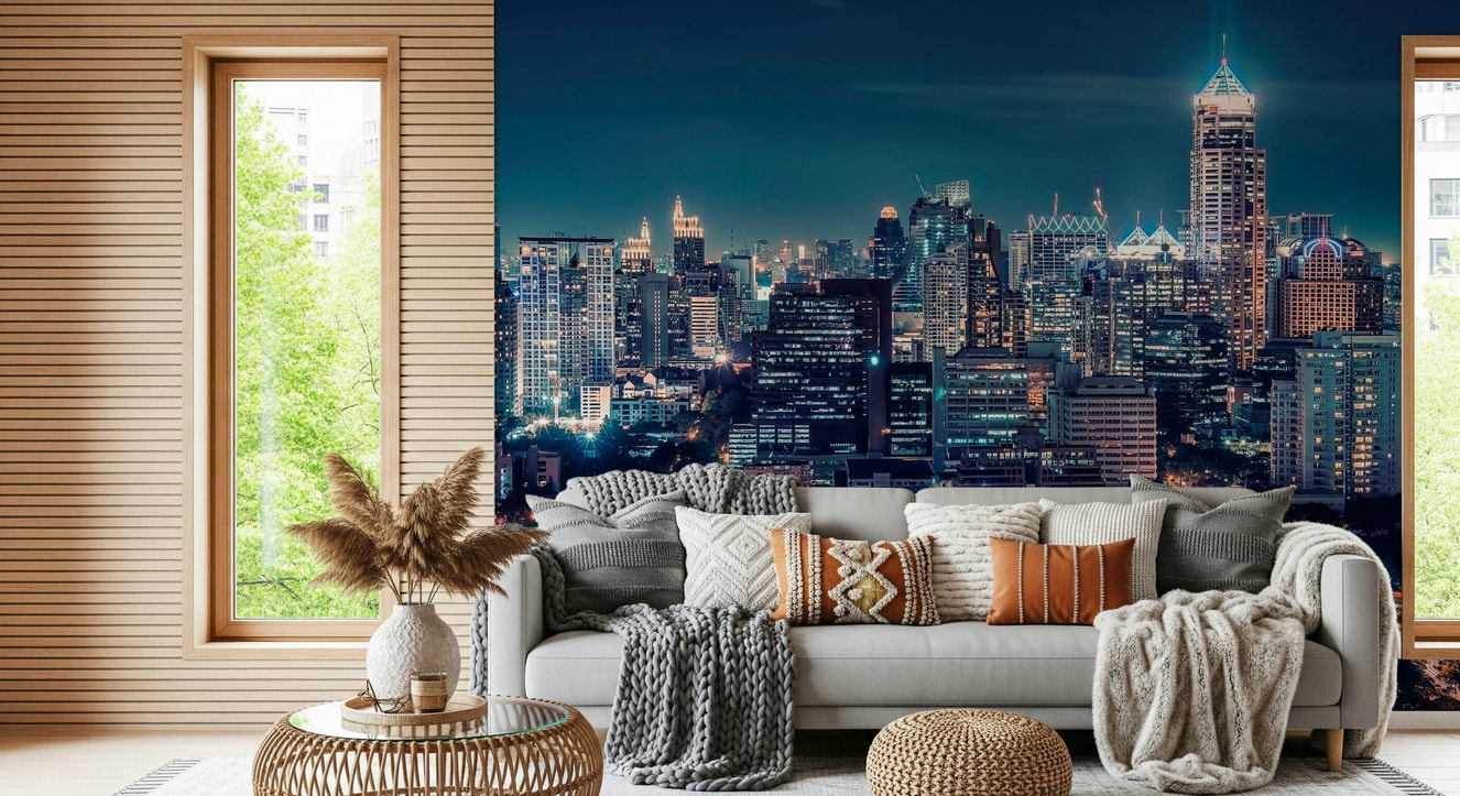 Night Cityscape wall mural for a modern urban living room.