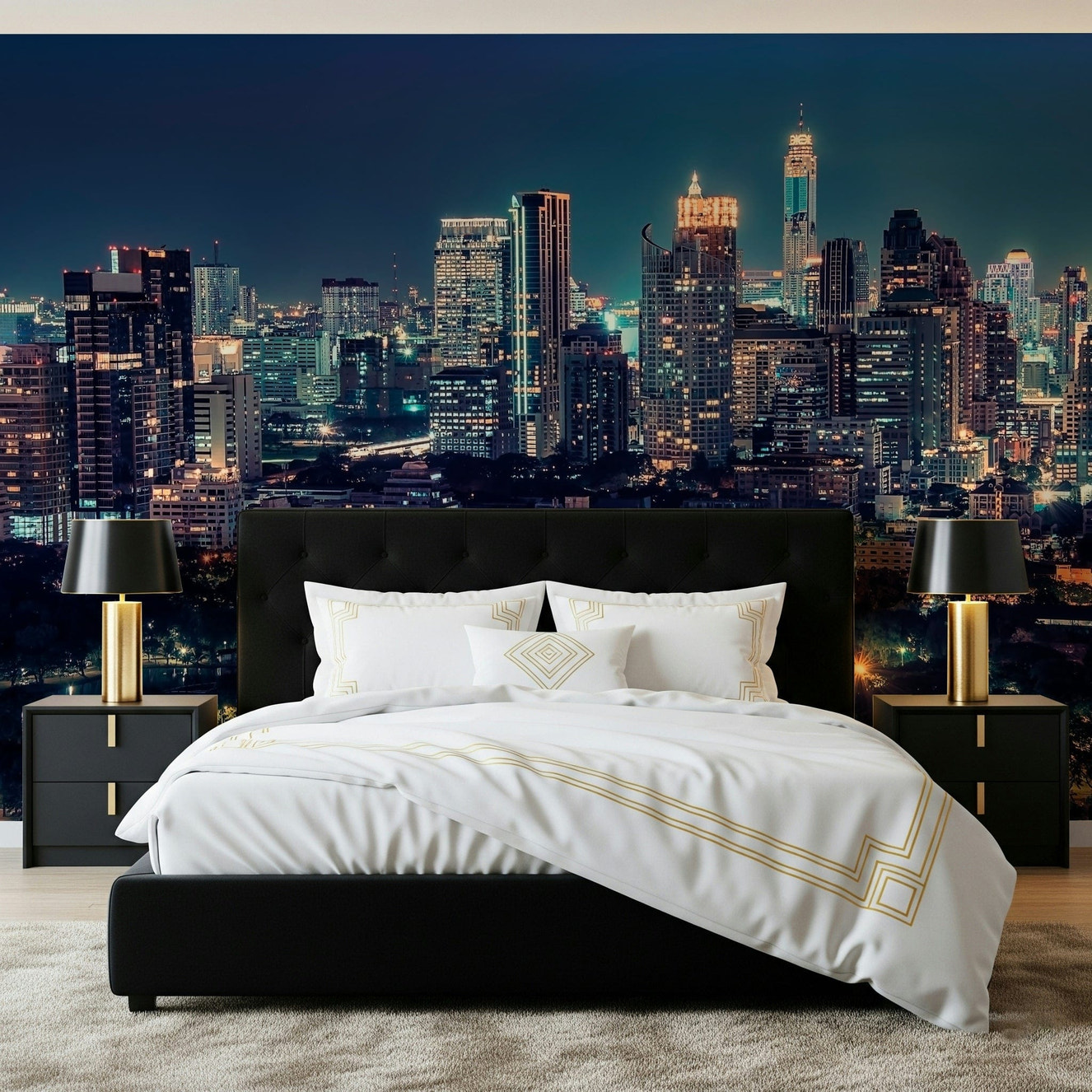 Nightfall Metropolis wall mural for a modern urban living room.