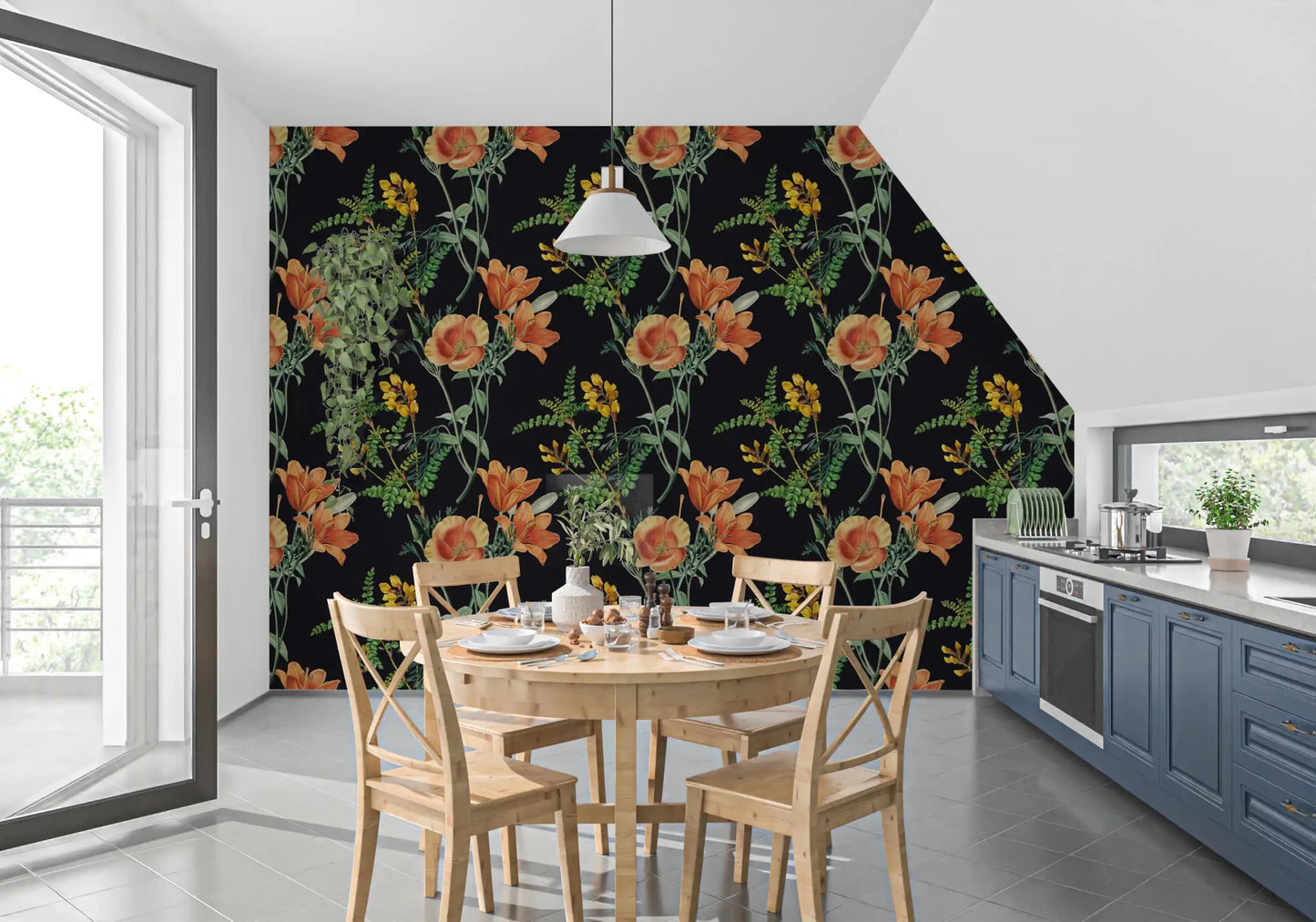 Night Flower Wallpaper with orange flowers and green foliage