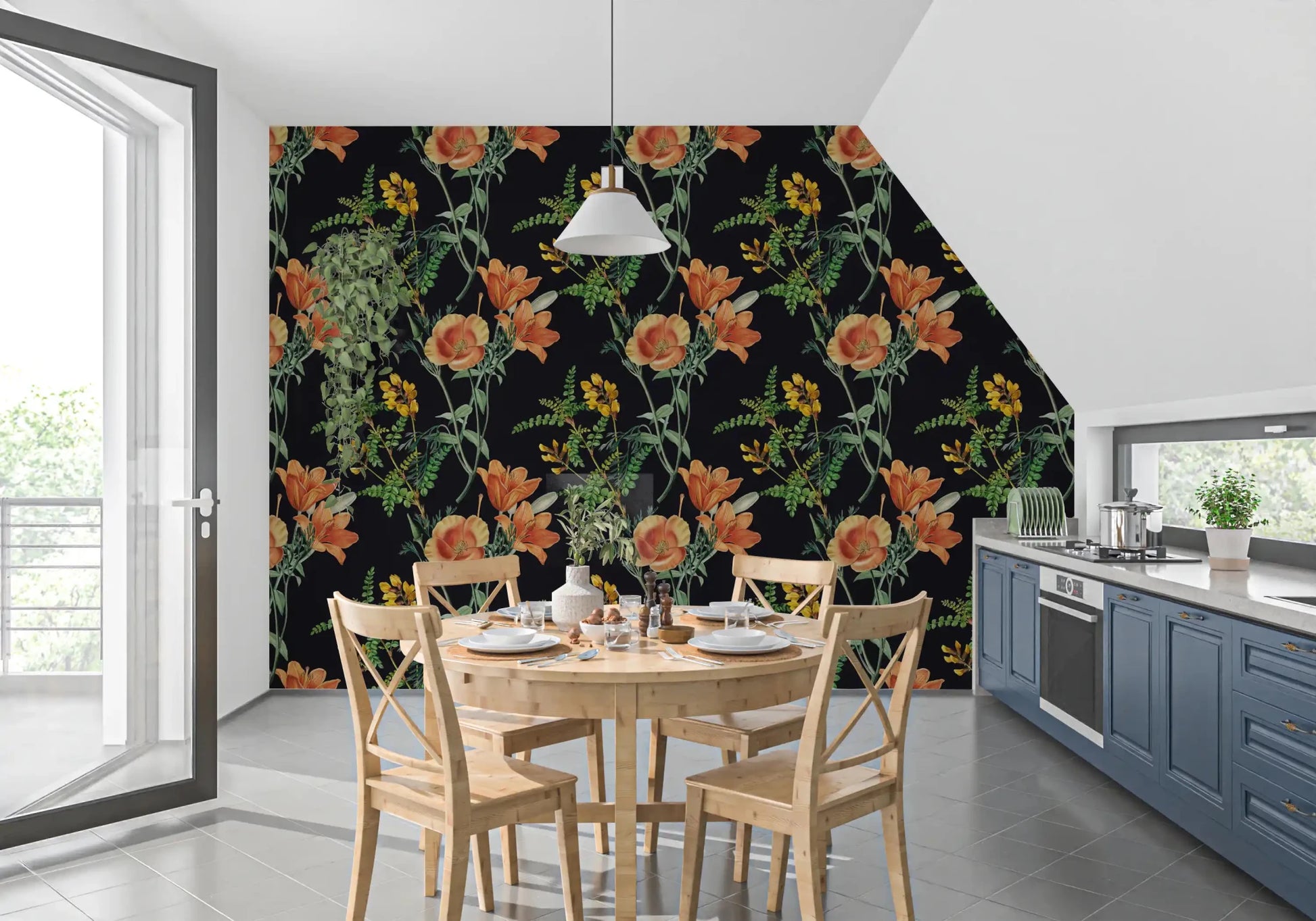 Night Flower Wallpaper with orange flowers and green foliage