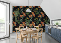 Night Flower Wallpaper with orange flowers and green foliage