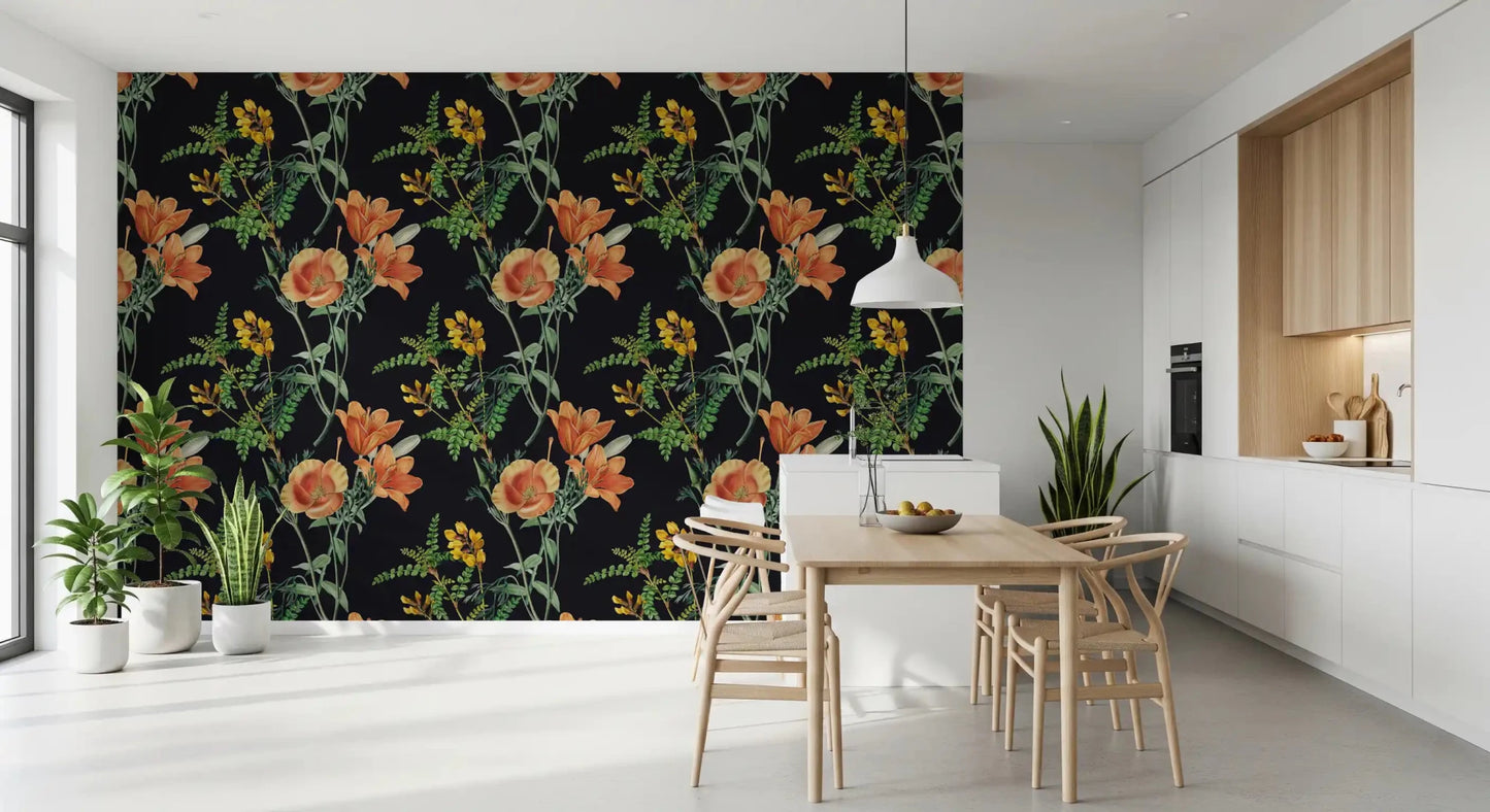 Dining room wall with Night Flower Wallpaper on a black base