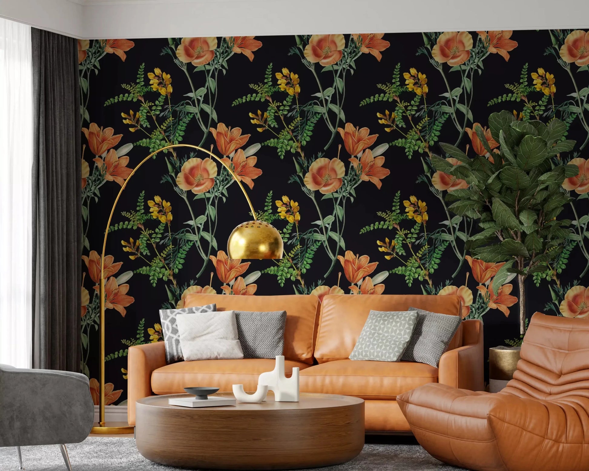 Night Flower Wallpaper with layered petals and leafy branches