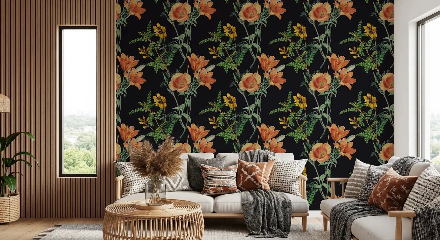 Black background floral look in Night Flower Wallpaper