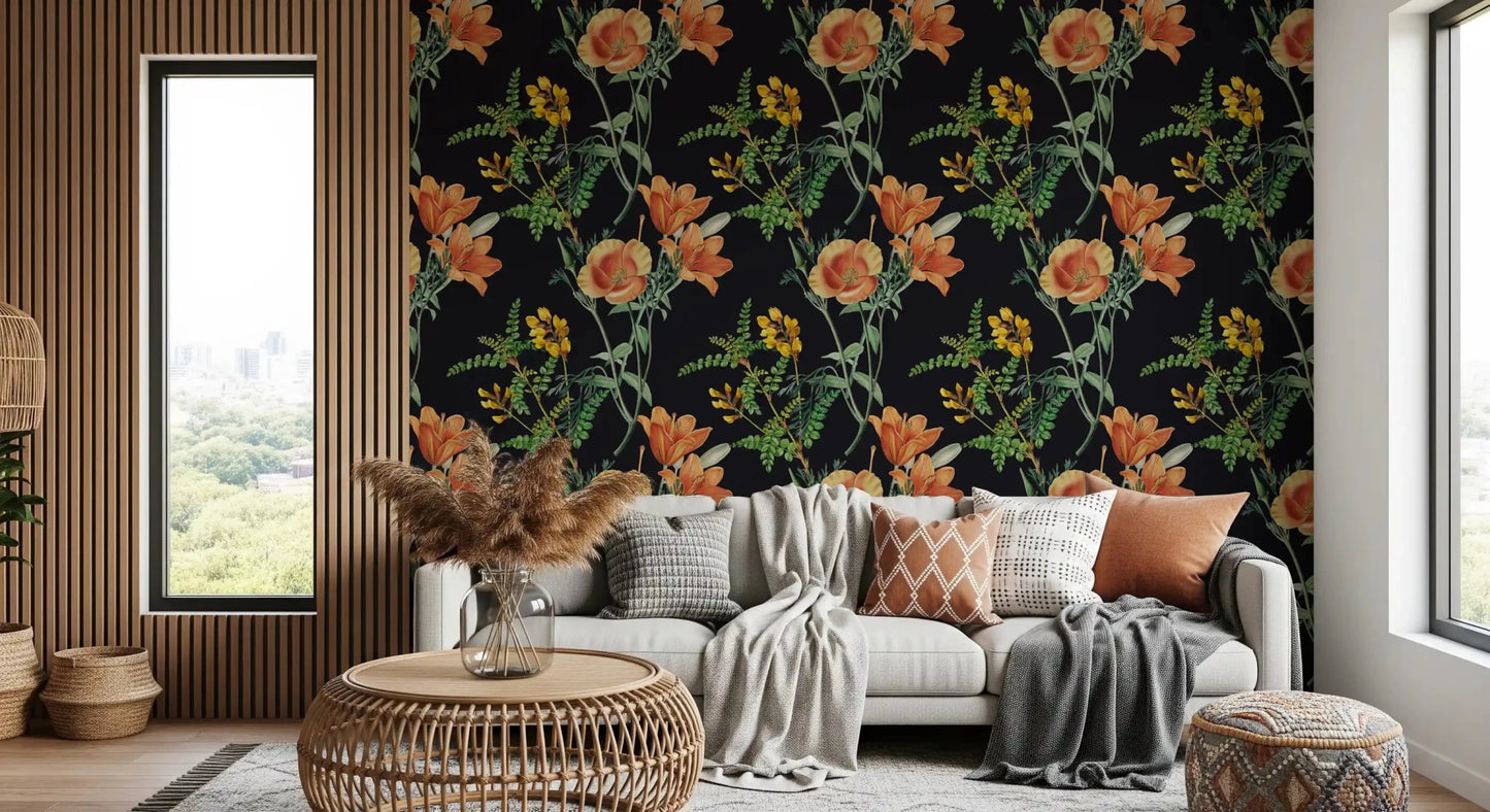 Living room with Night Flower wallpaper and warm floral blooms