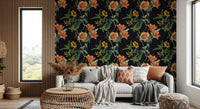 Living room with Night Flower wallpaper and warm floral blooms